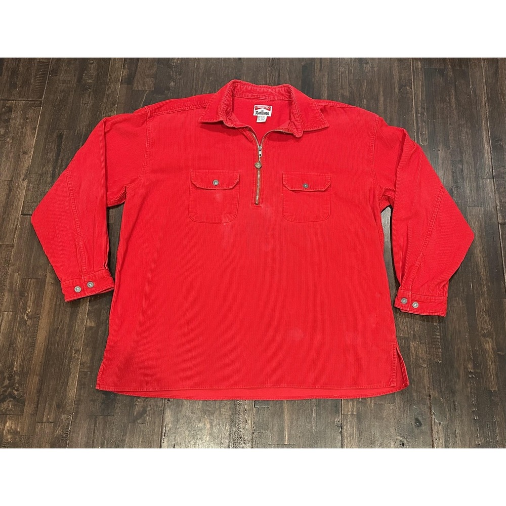 Marlboro Pullover Shirt Mens XL Red Corduroy Long Sleeve Zip Western‎ 90s Cowboy
